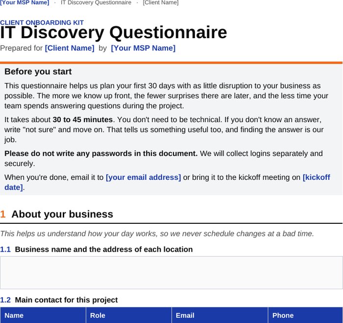 First page of the IT discovery questionnaire